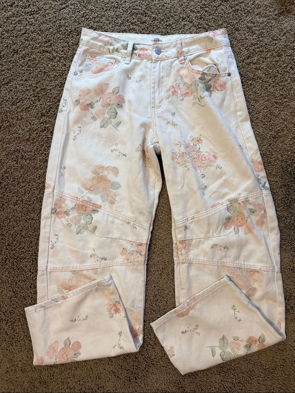 Floral Print Women's Barrel Jeans - Light Pink/ Cream